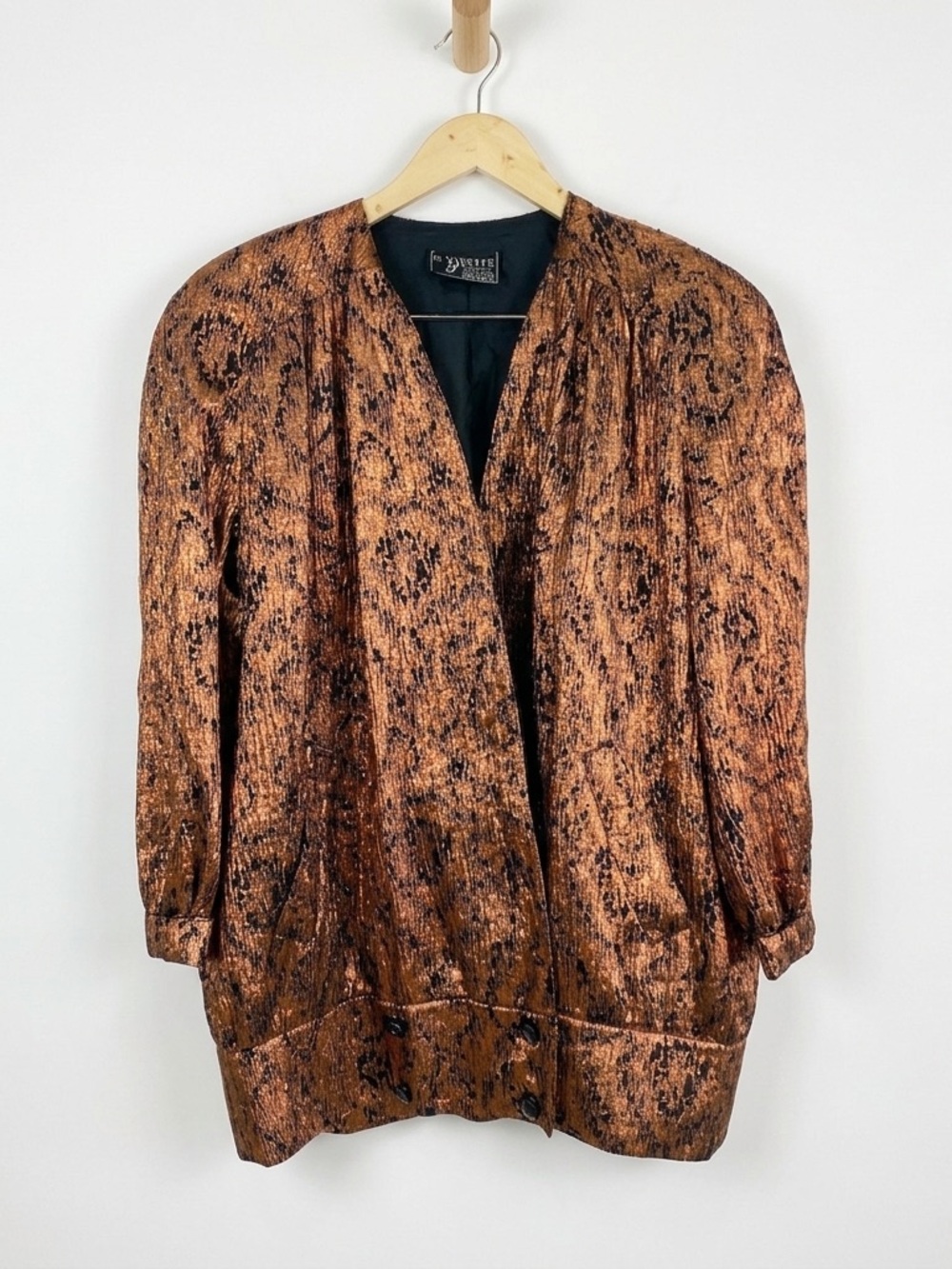 VTG 80s Yvette Creation Paris Metallic Bronze‎ Lamé Oversized Jacket Blazer 42